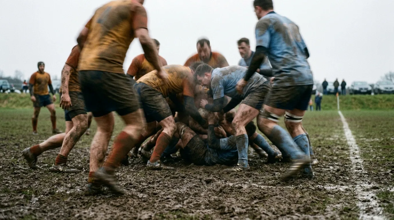 Regroupement au sol lors d'une phase de jeu en rugby amateur