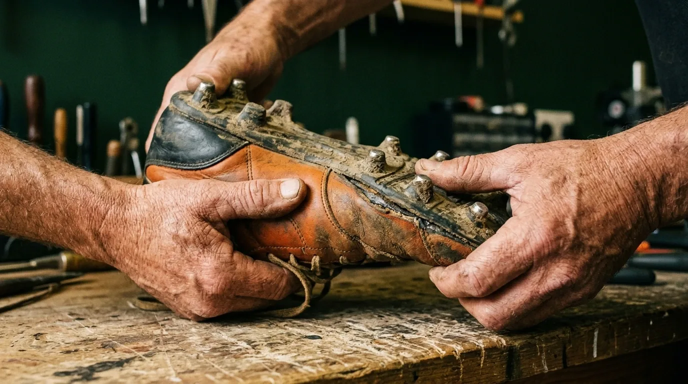 Mains vérifiant le montage entre la tige et la semelle d'une chaussure de rugby