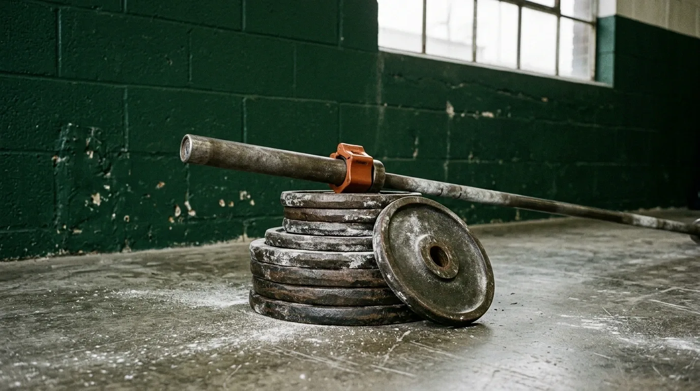 Disques de fonte empilés au pied d'une barre de musculation