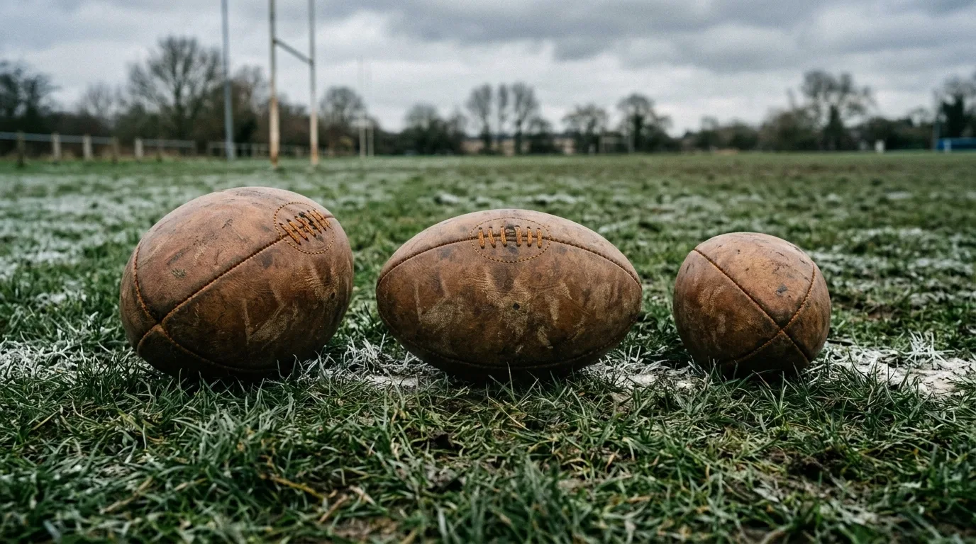 Ballons de rugby de tailles différentes alignés sur l'herbe