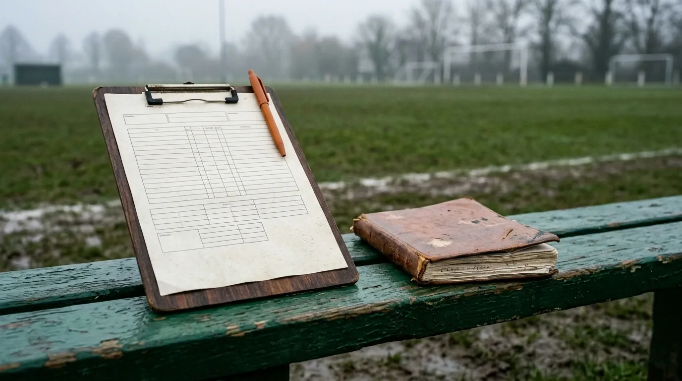 Feuille de match et carnet posés sur un banc de touche