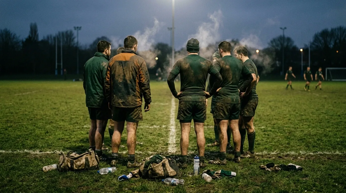 Joueurs de rugby amateur réunis au bord du terrain après un entraînement