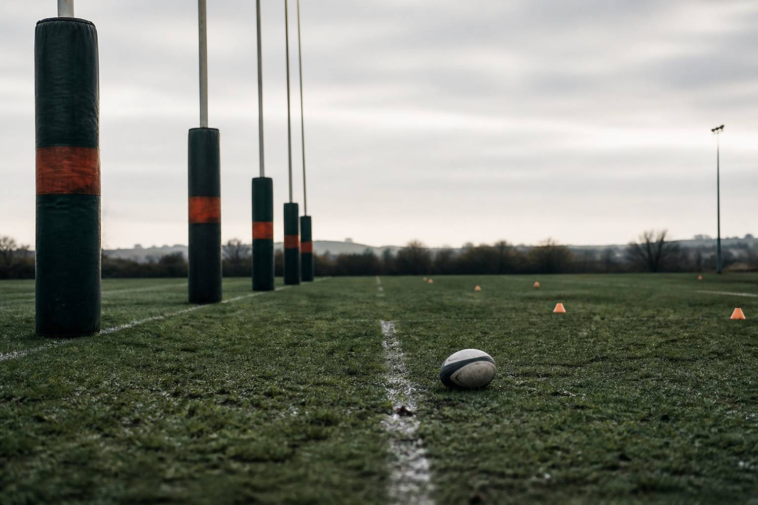 Poteaux de mêlée d'entraînement en mousse avec un ballon de rugby au sol