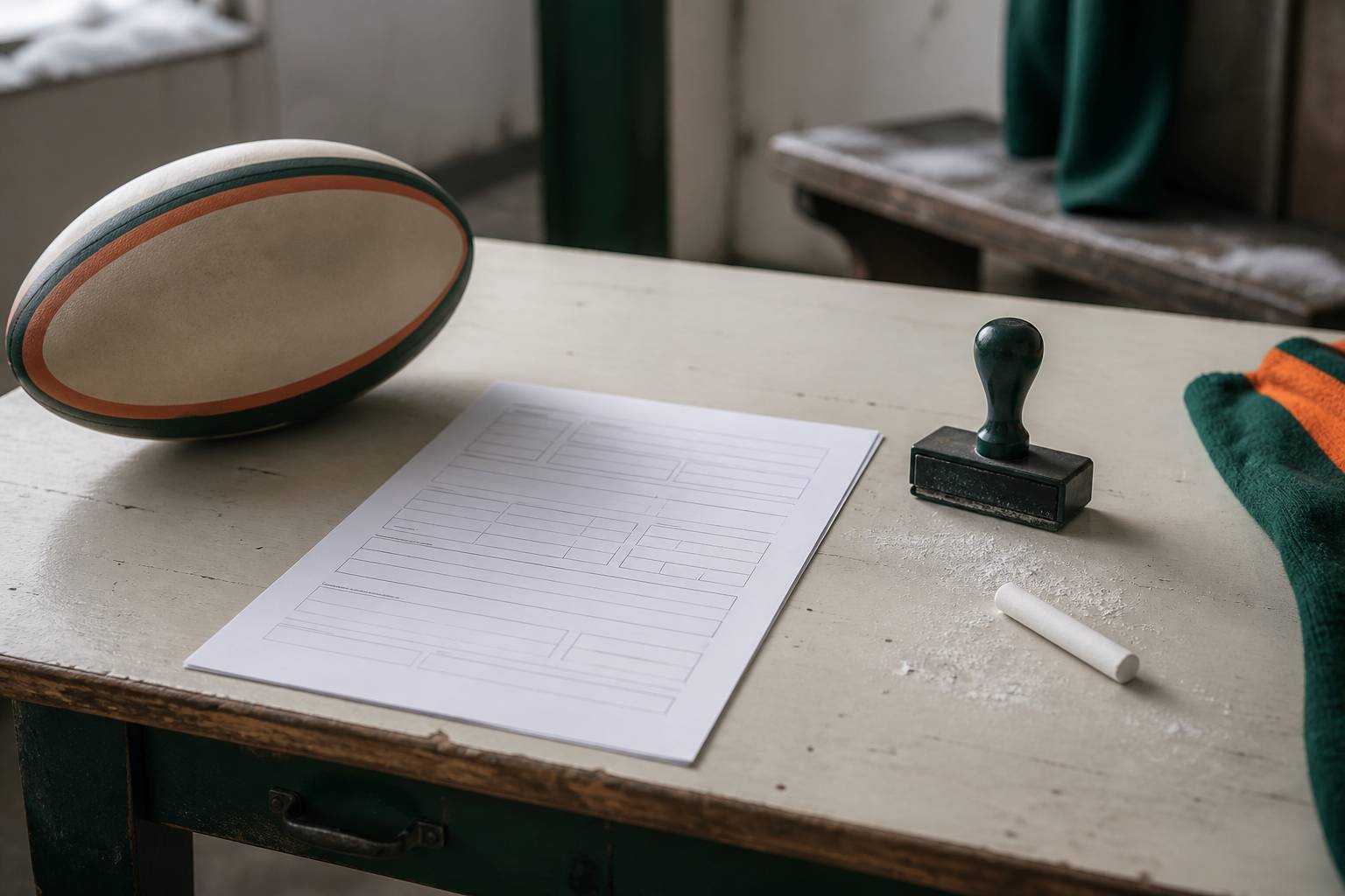Bureau de club avec formulaire de mutation et ballon de rugby