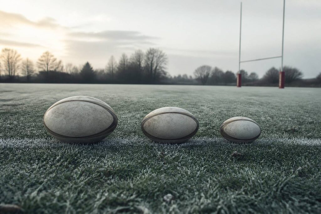 Trois ballons de rugby de tailles différentes alignés sur une pelouse