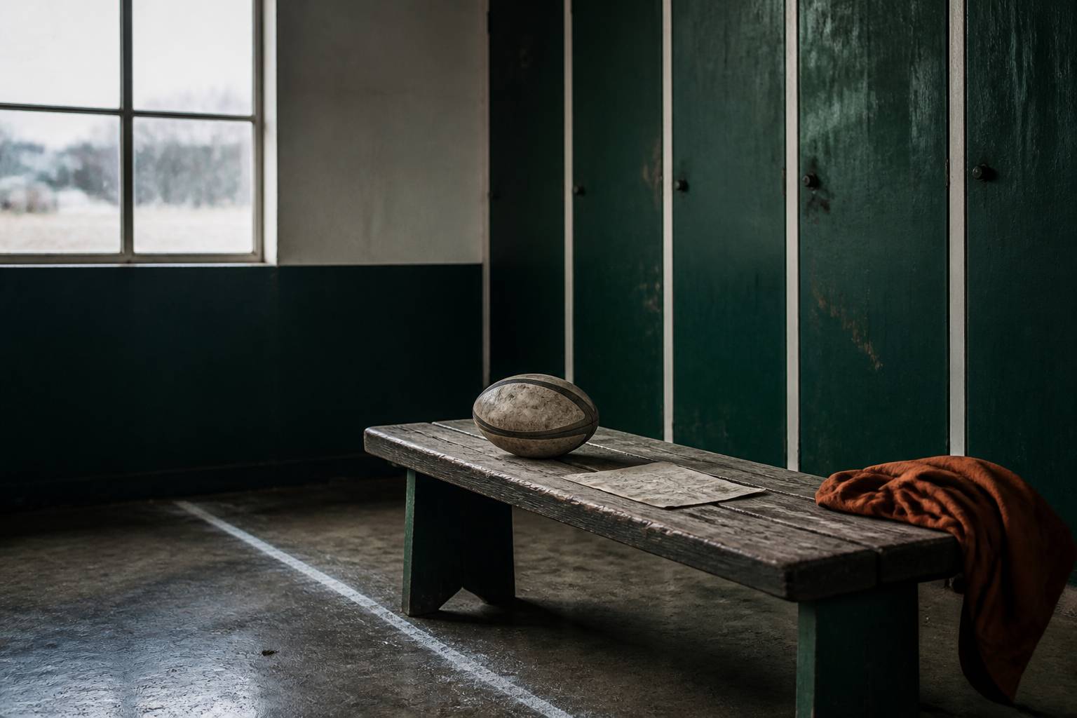 Vestiaire de rugby avec un ballon et une carte de licencié sur un banc