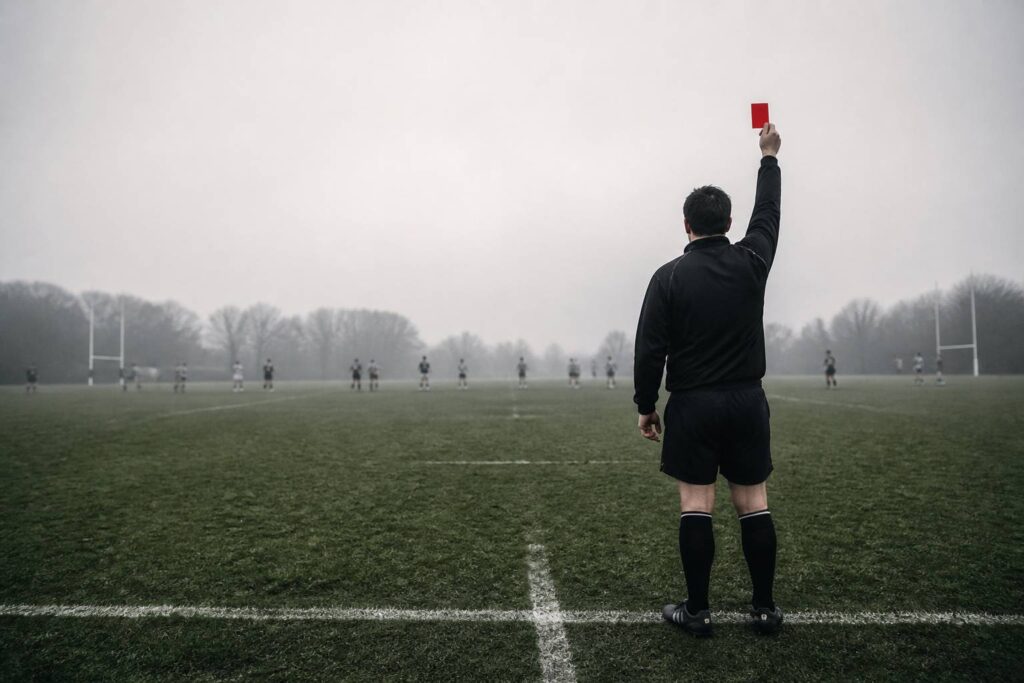Arbitre de dos brandissant un carton rouge sur un terrain de rugby