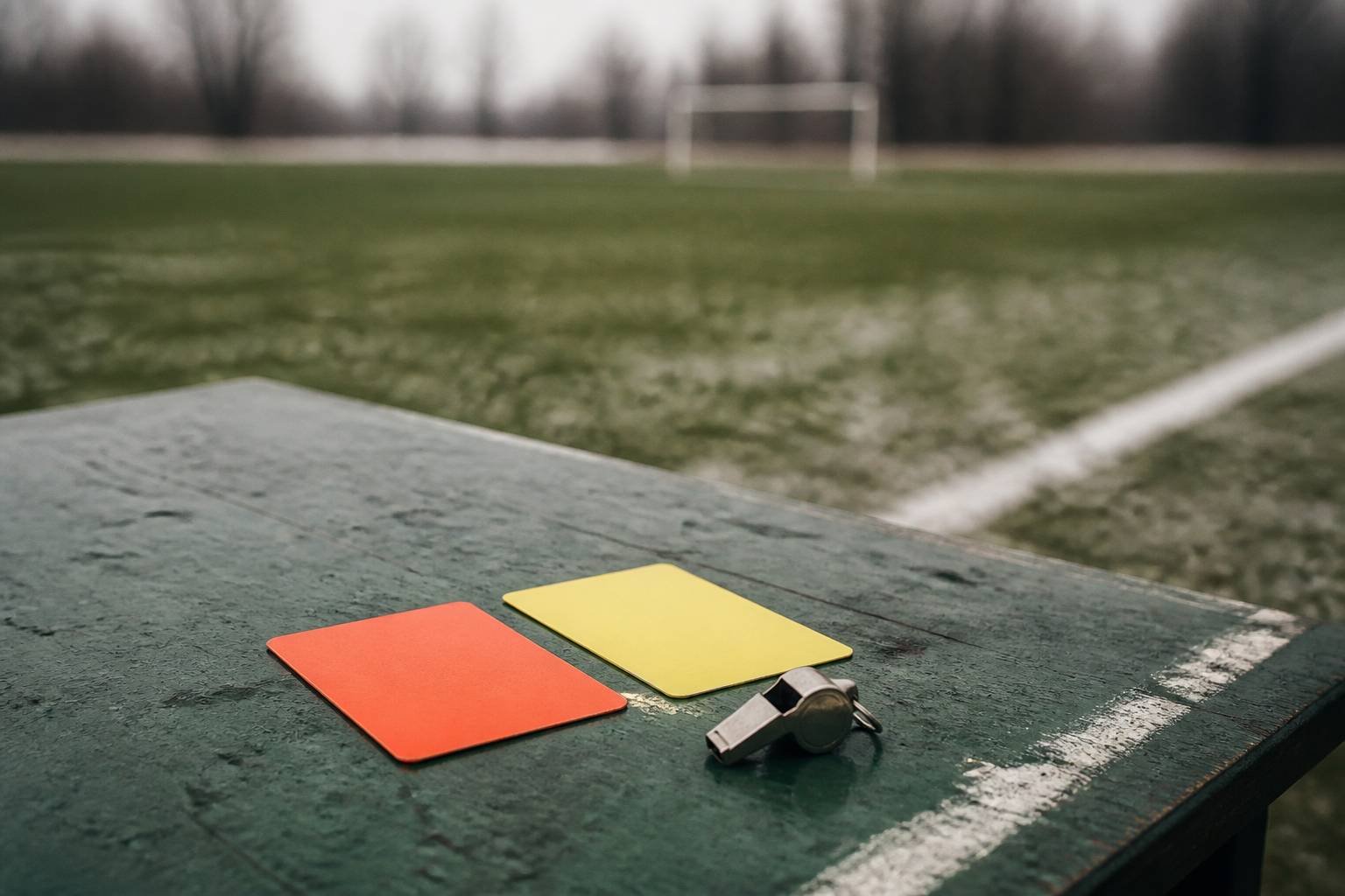 Cartons rouge et jaune posés sur une table d'arbitre avec un sifflet
