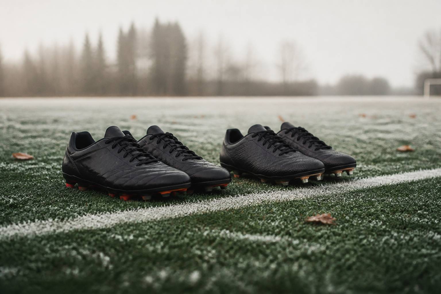 Deux paires de chaussures à crampons comparées sur l'herbe d'un terrain