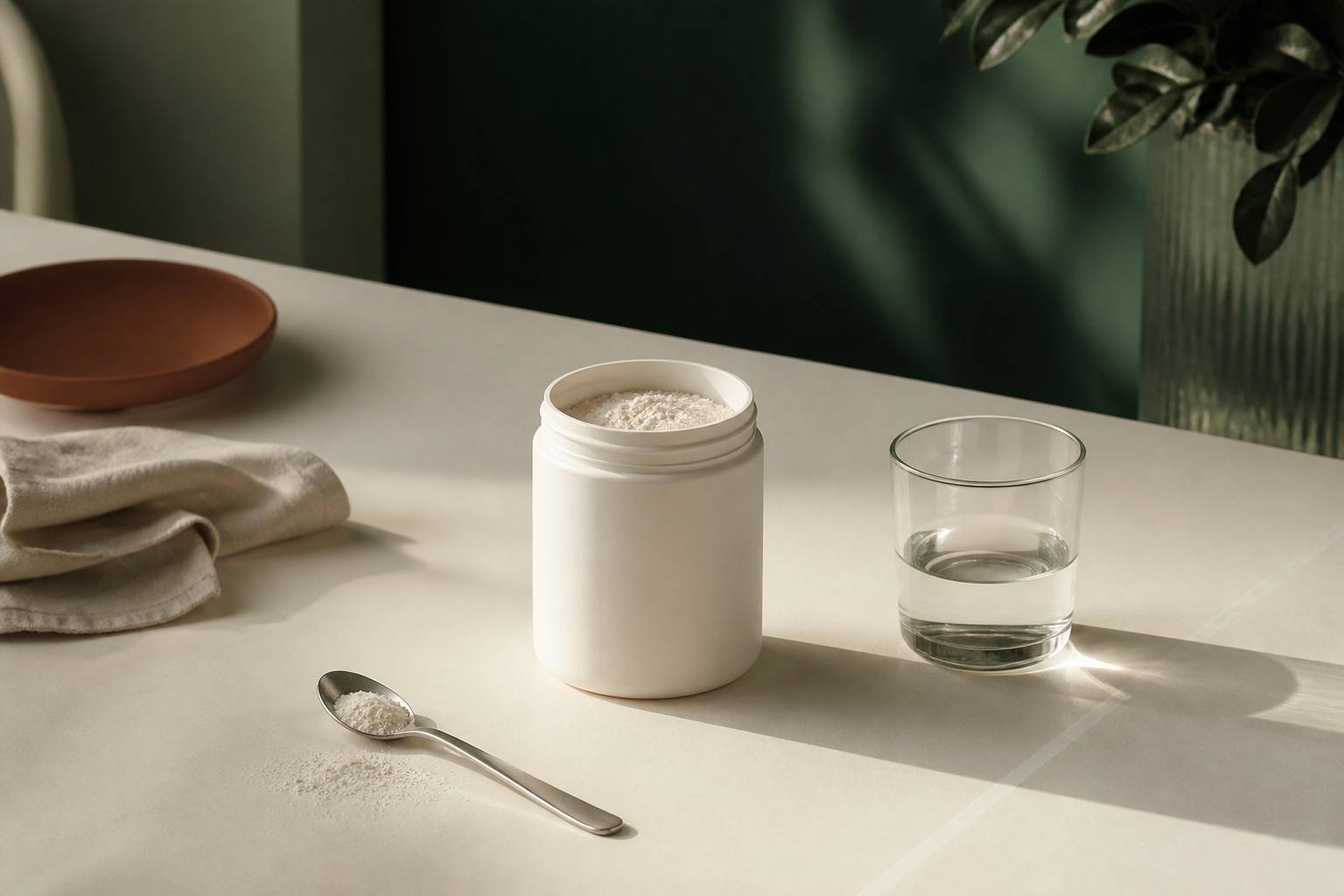 Pot de complément sans étiquette lisible avec une cuillère et un verre d'eau
