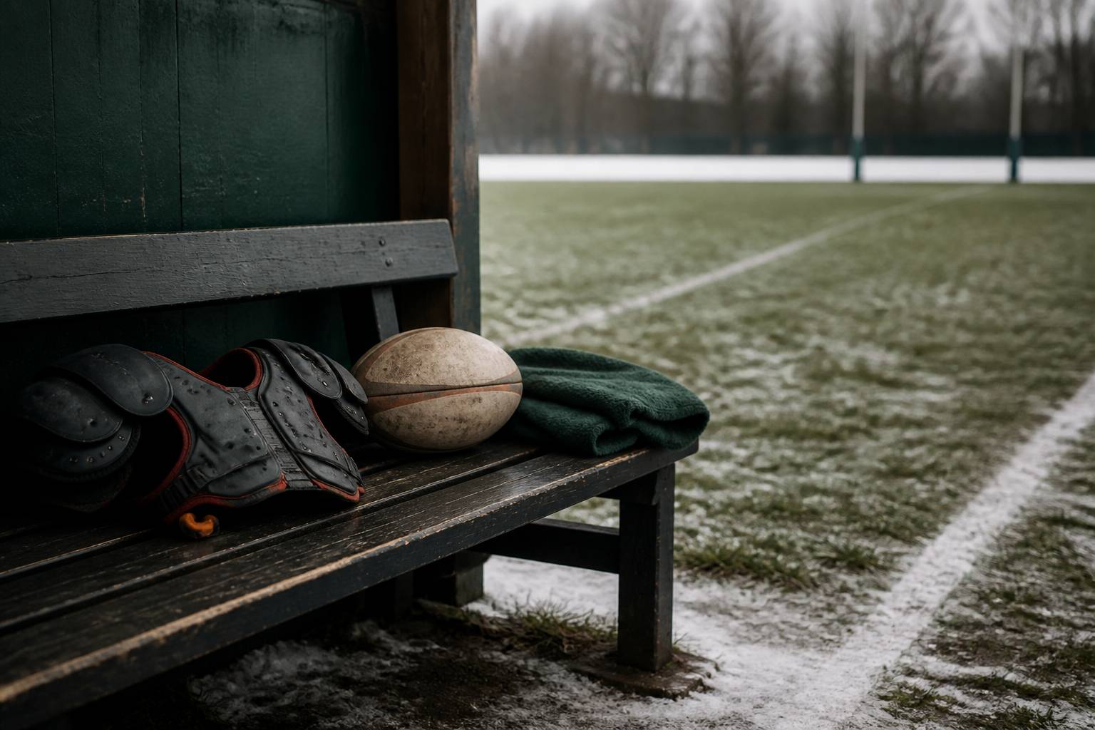 Épaulières de protection et ballons de rugby rangés dans un vestiaire