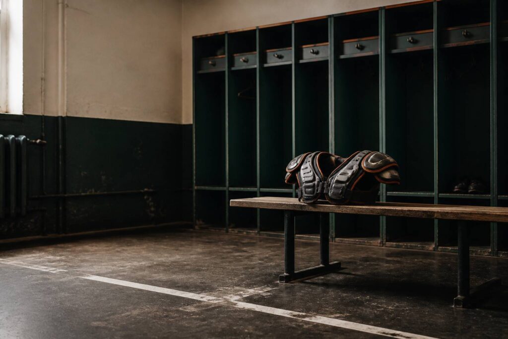 Paire d'épaulières de rugby en mousse posée sur un banc de vestiaire