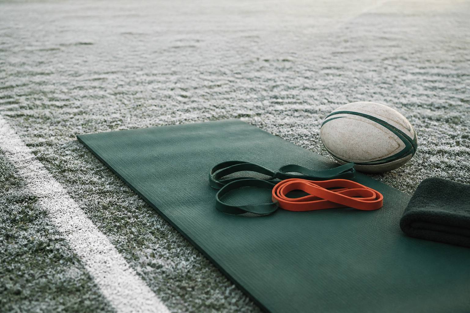 Atelier de gainage avec des élastiques et un ballon de rugby au sol