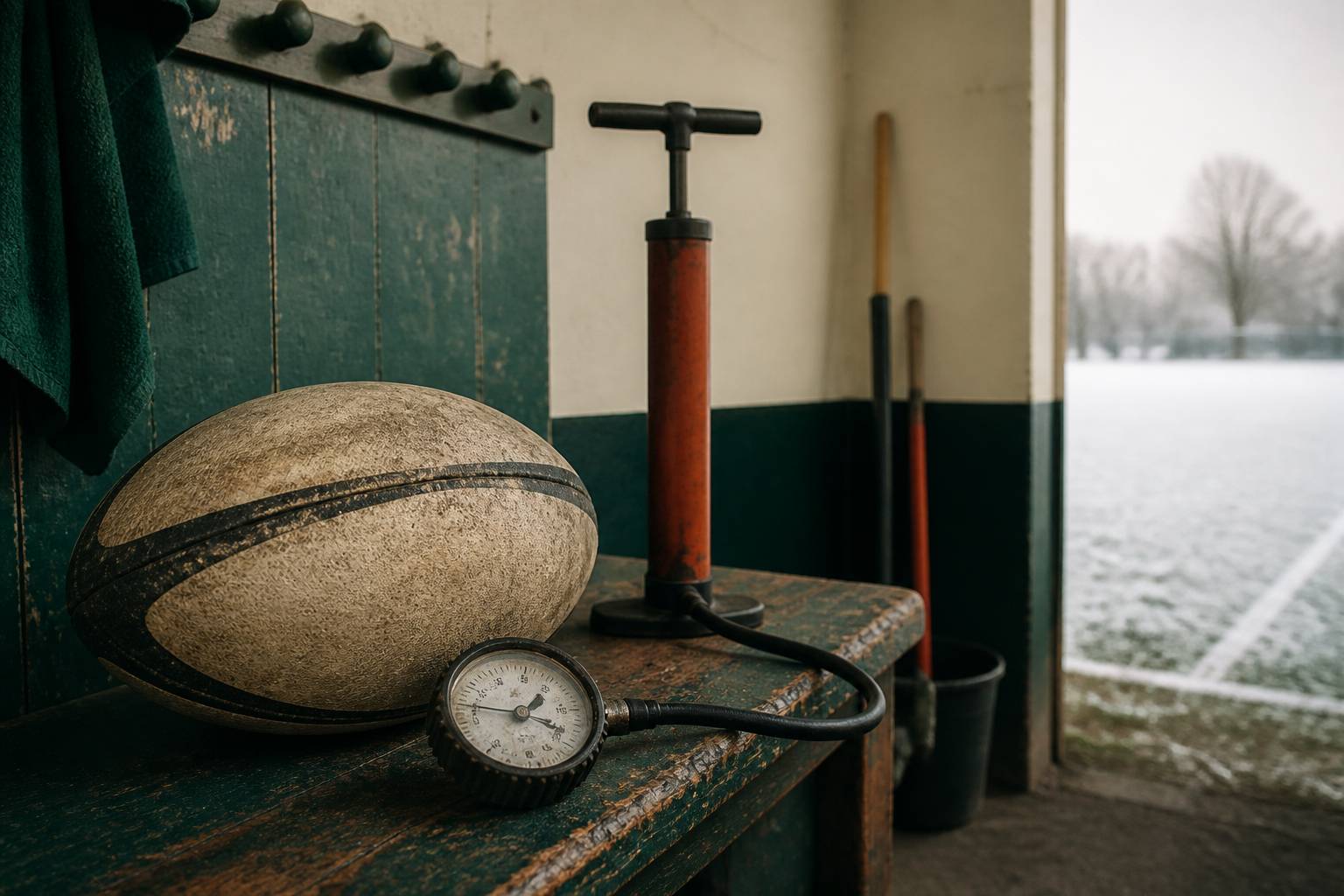 Ballon de rugby avec une pompe et un manomètre sur un banc