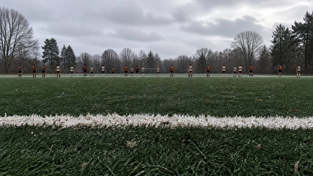 Ligne de craie au premier plan d'un terrain de rugby en hiver