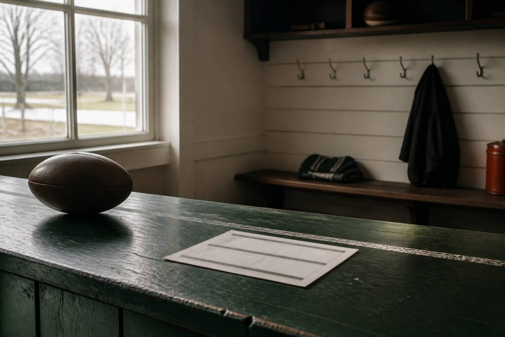 Carte de licence sportive posée près d'un ballon de rugby