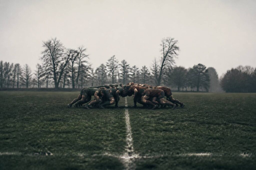 Mêlée fermée de joueurs de rugby vue de loin sur une pelouse d'hiver
