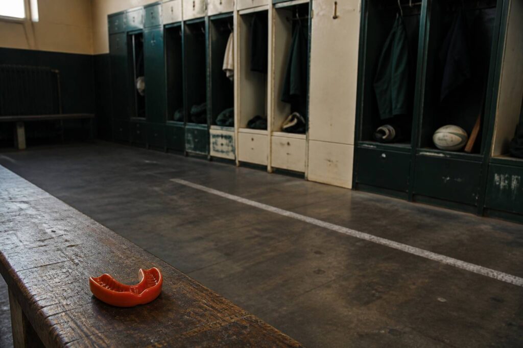 Protège-dents de rugby rouge posé sur un banc de vestiaire en bois