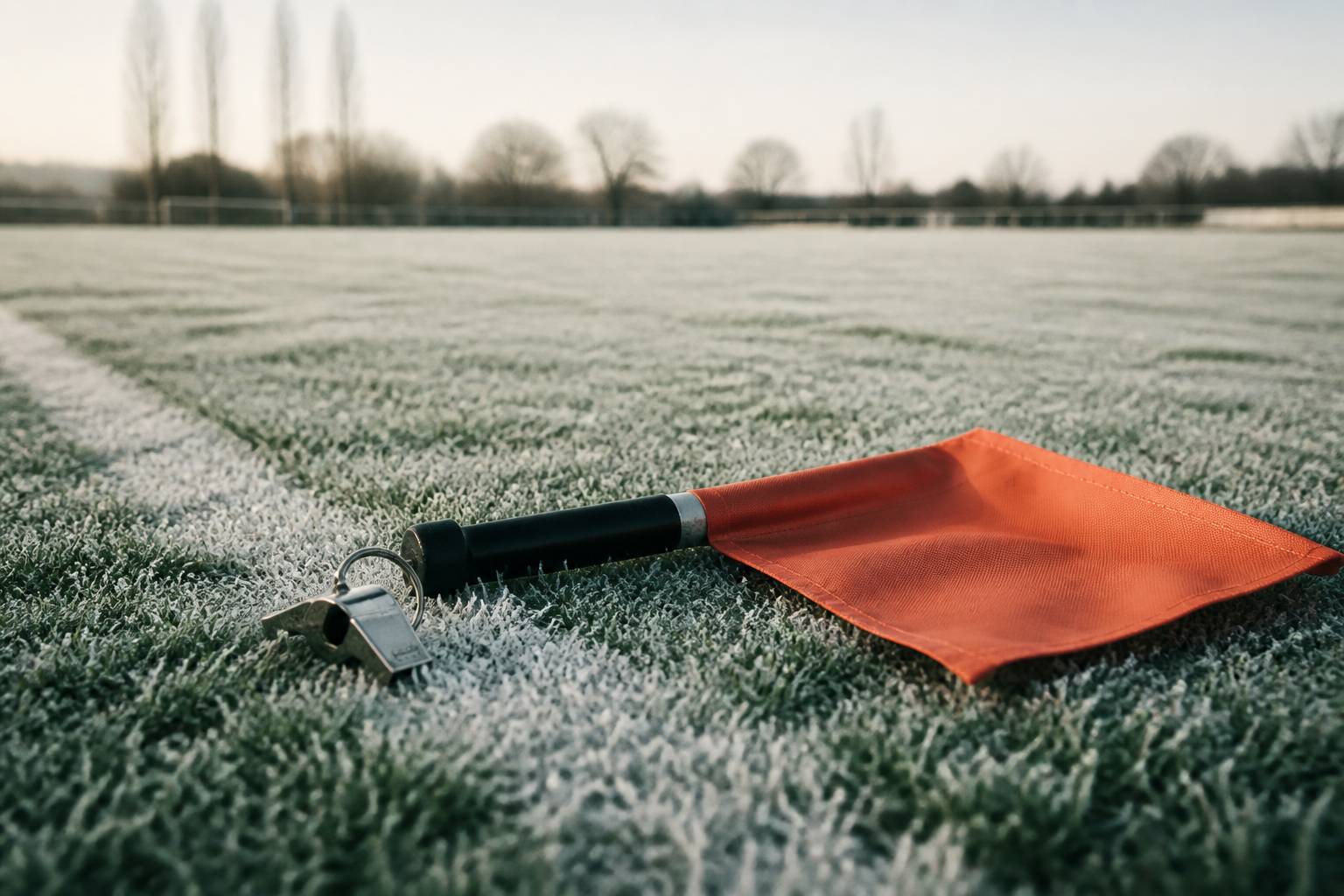 Sifflet et drapeau d'arbitre posés sur l'herbe d'un terrain de rugby