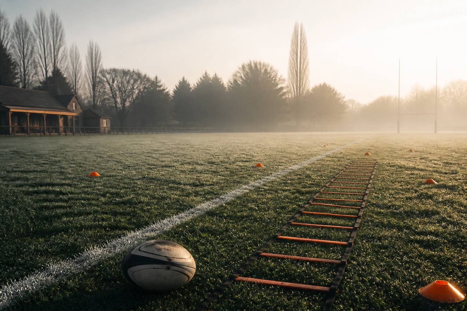 Couloir de sprint avec échelles au sol et ballon de rugby