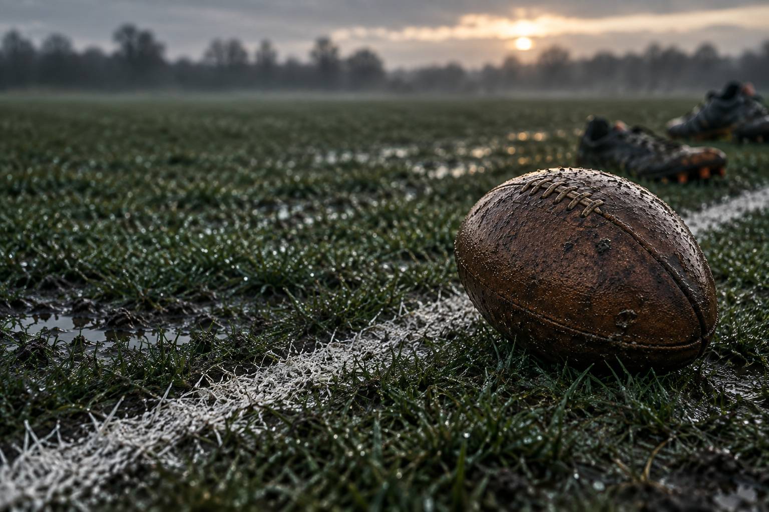 Ballon de rugby en cuir posé près d'une ligne de touche