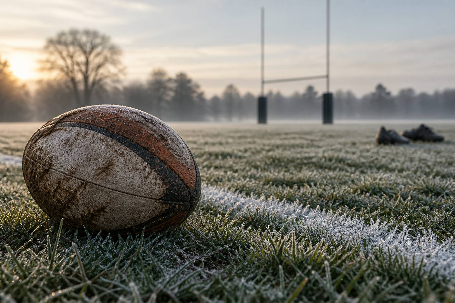 Ballon de rugby en cuir près des poteaux du stade