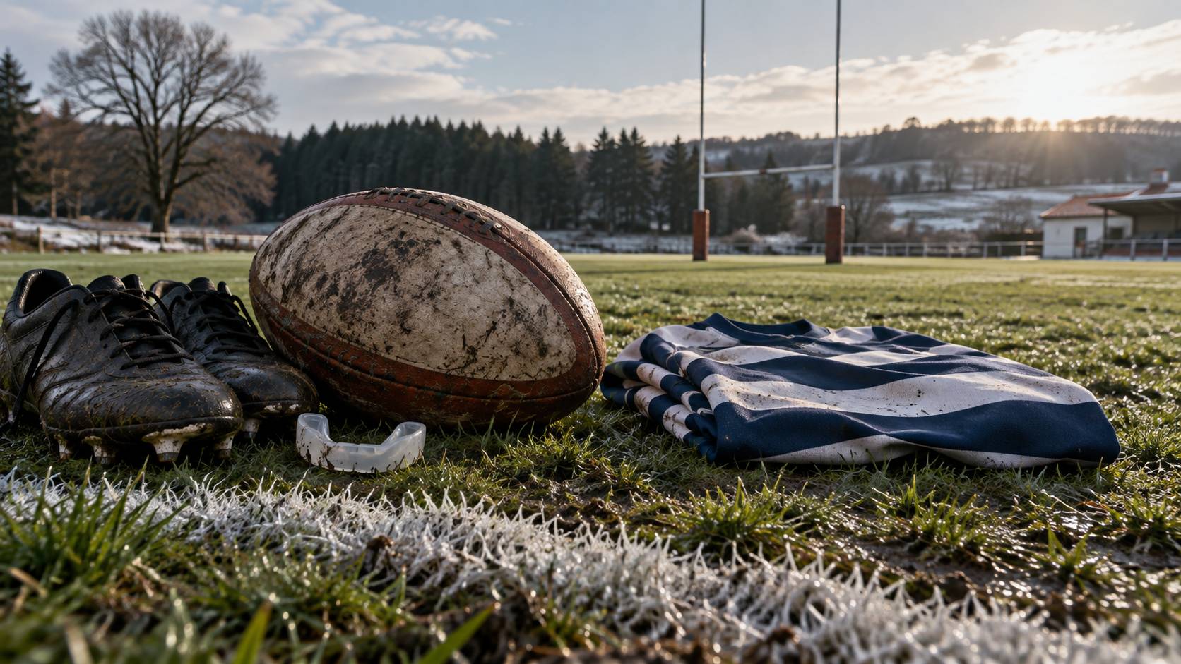 Ballon de rugby, crampons et maillot plié sur l'herbe