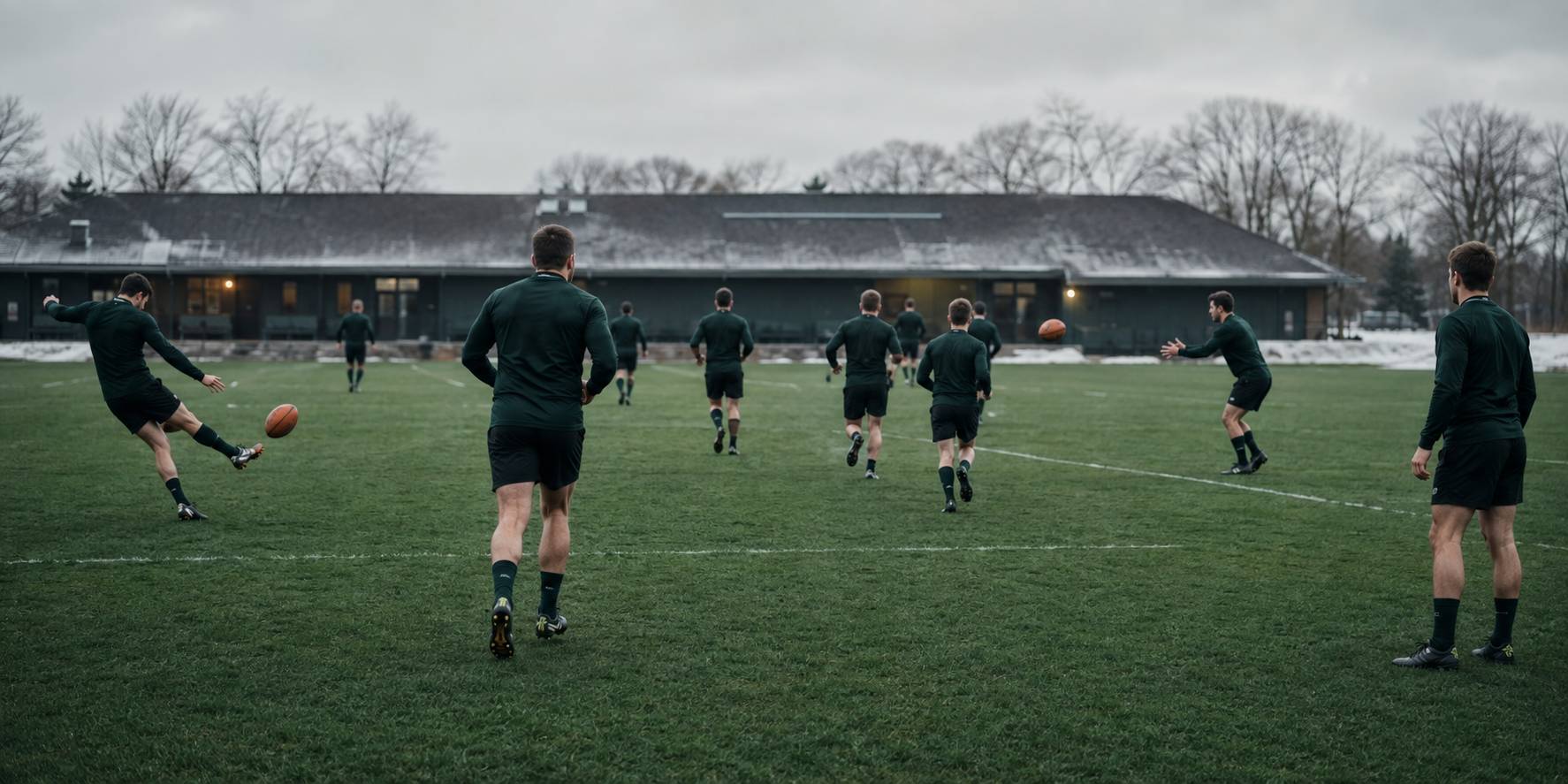 Joueurs de rugby anonymes à l'entraînement sur un terrain d'hiver