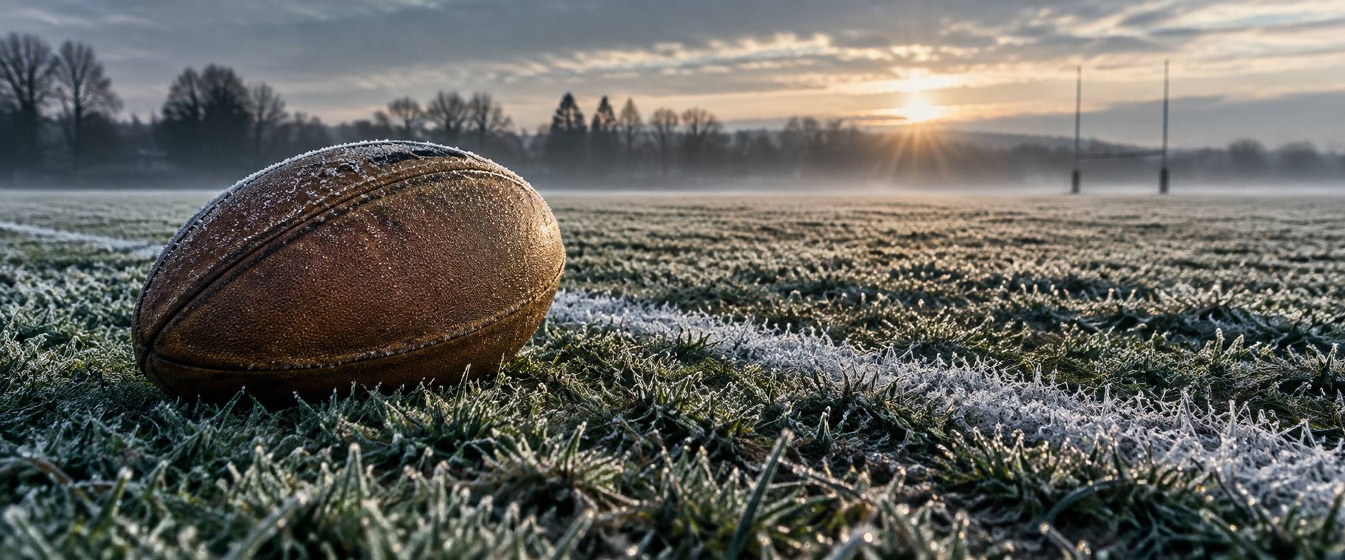 Gros plan sur un ballon de rugby posé sur une pelouse givrée près d'une ligne