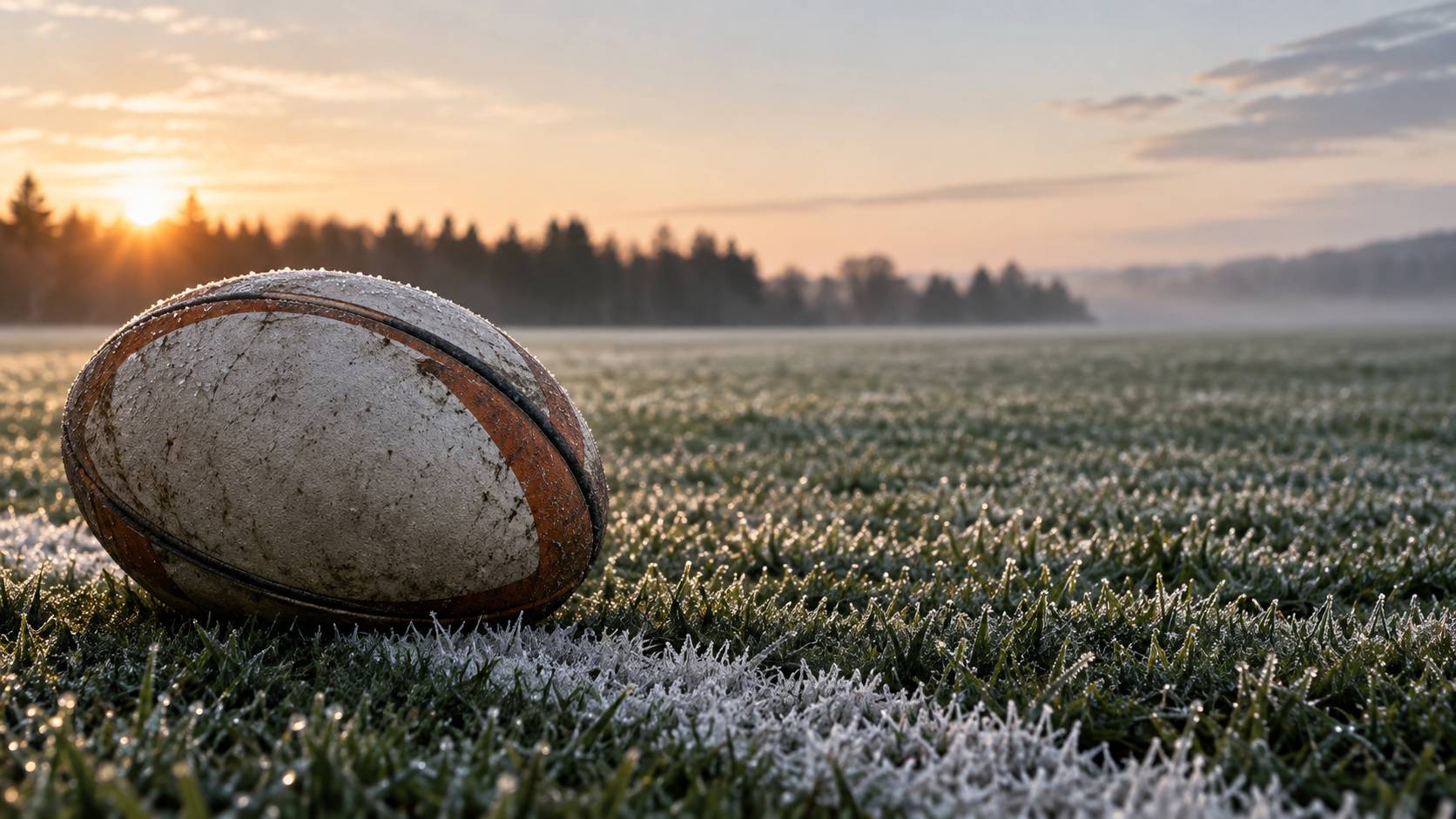 Gros plan sur un ballon de rugby ovale posé sur la pelouse près d'une ligne