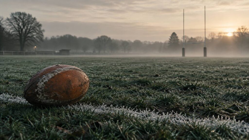 Ballon de rugby sur la ligne de craie d'un terrain hivernal avec les poteaux
