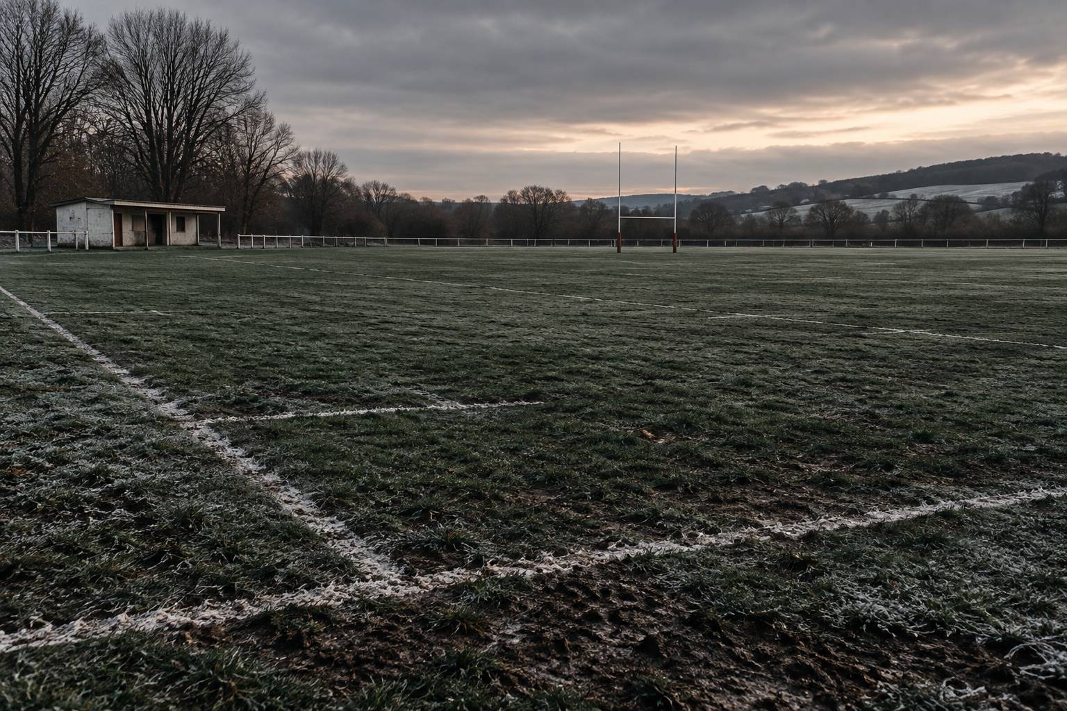 Ballon de rugby sur la ligne de craie d'un terrain hivernal avec les poteaux