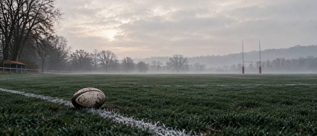 Terrain de rugby en hiver avec ballon ovale sur la ligne
