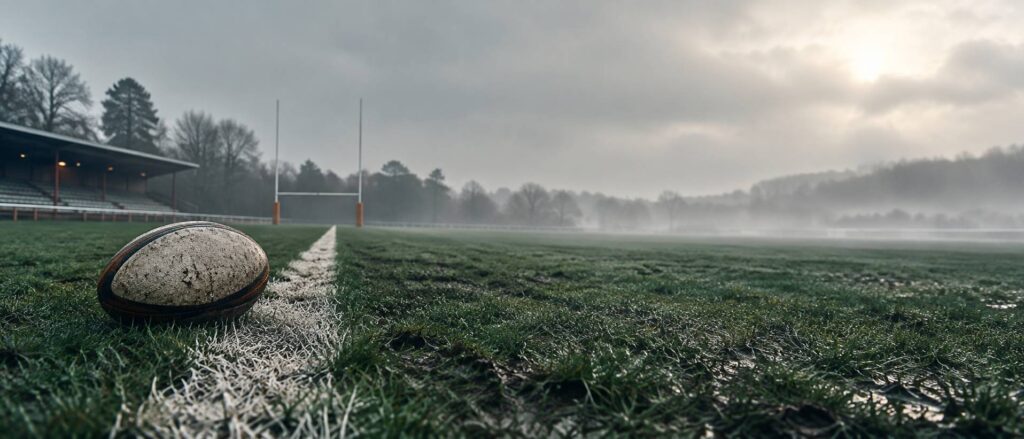 Terrain de rugby en hiver avec ballon ovale au sol et poteaux en H