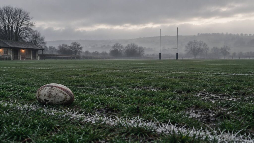 Terrain de rugby en hiver avec lignes de craie et ballon ovale au sol