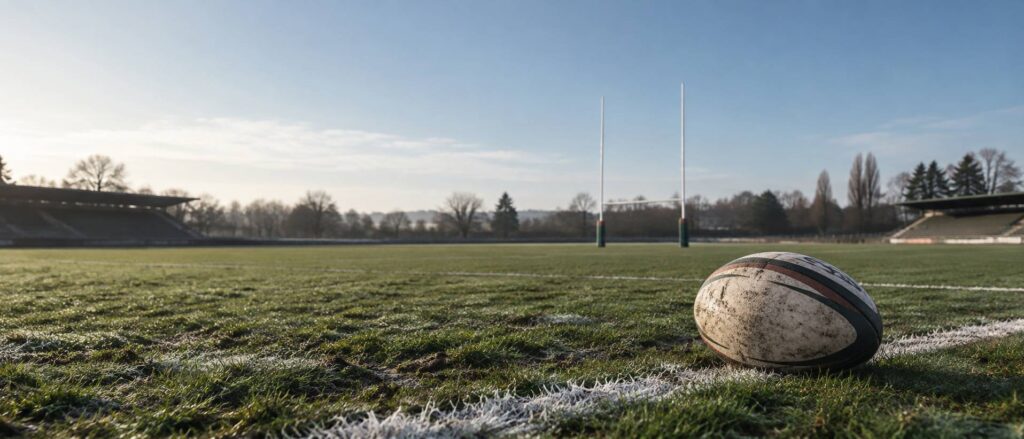 Ballon ovale et poteaux sur un terrain de rugby