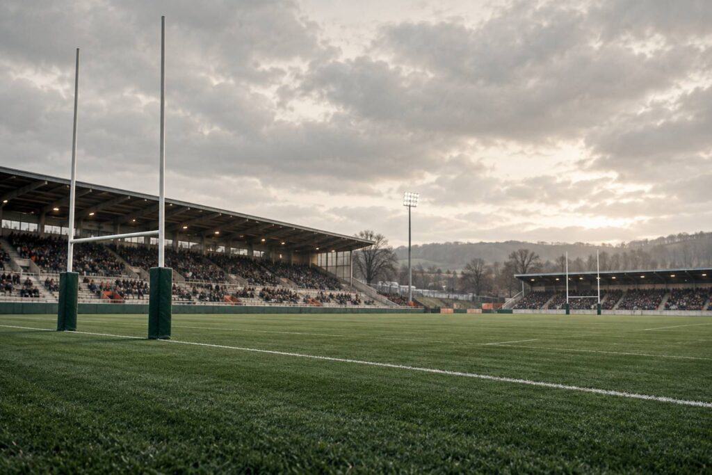 Terrain de rugby générique avec poteaux en H et ballon ovale près de la touche
