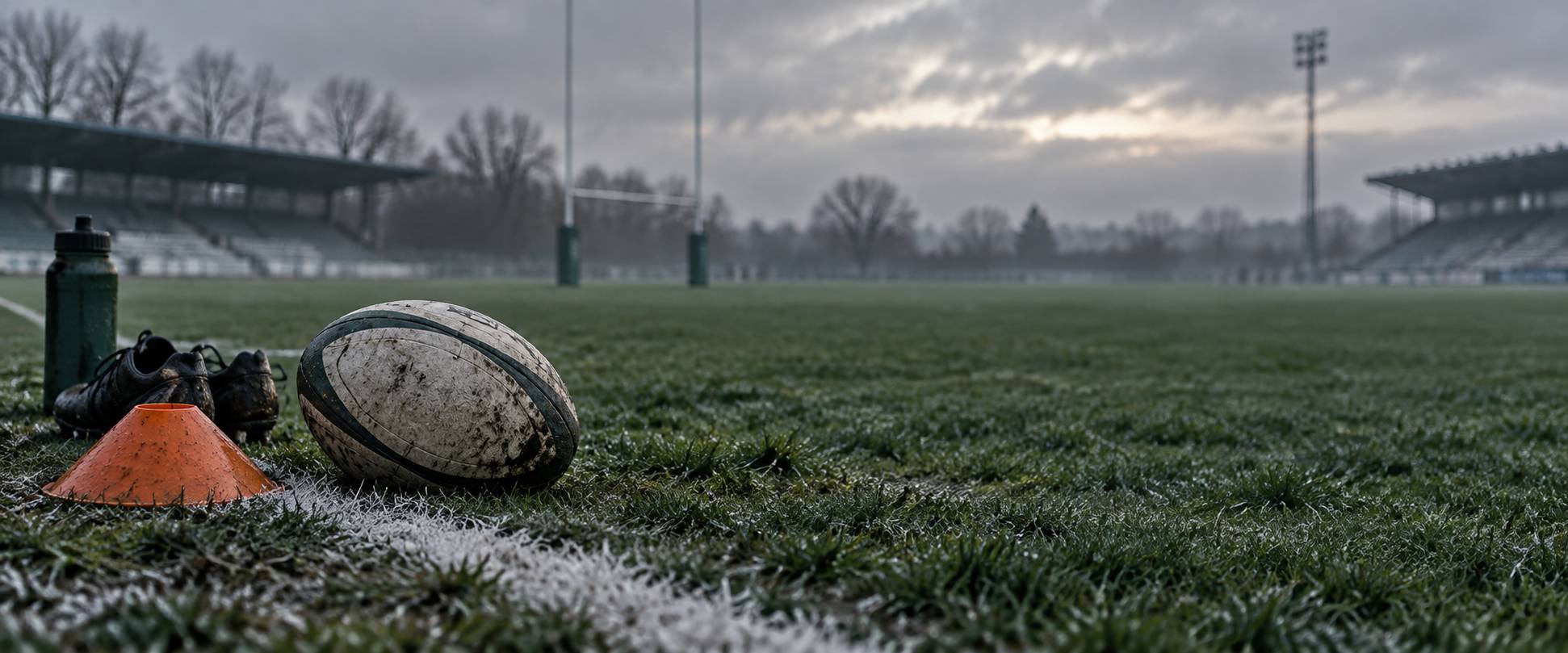 Terrain de rugby générique avec poteaux en H et ballon ovale près de la touche
