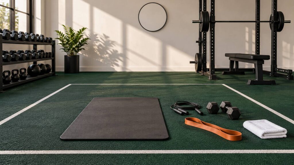 Tapis de sol, halteres et bande elastique dans une salle de musculation avec lignes de craie