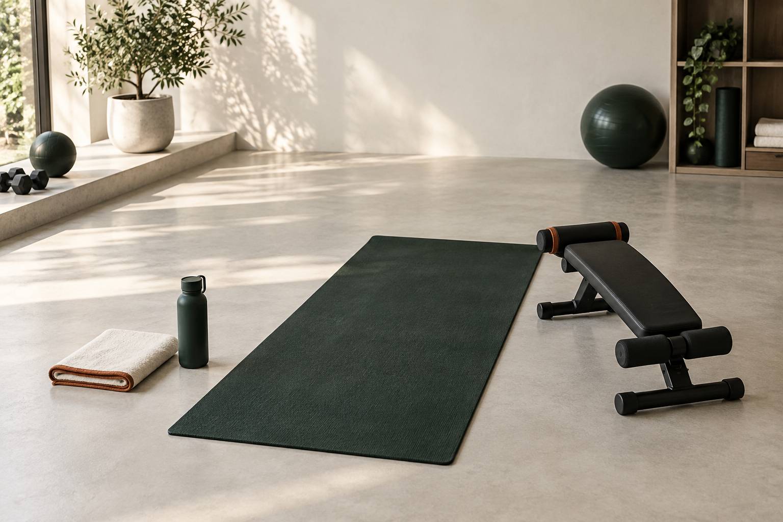 Tapis de sport au sol avec petit banc d'abdominaux et serviette pliée