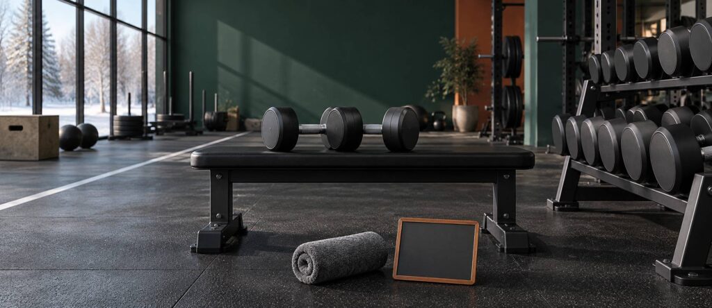 Banc de musculation en cuir noir et deux haltères courts dans une salle de sport au sol caoutchouc