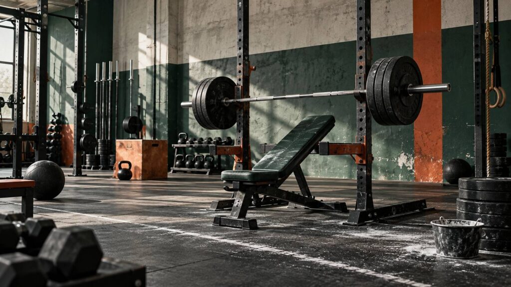 Banc incliné avec barre olympique chargée de disques dans une salle de musculation