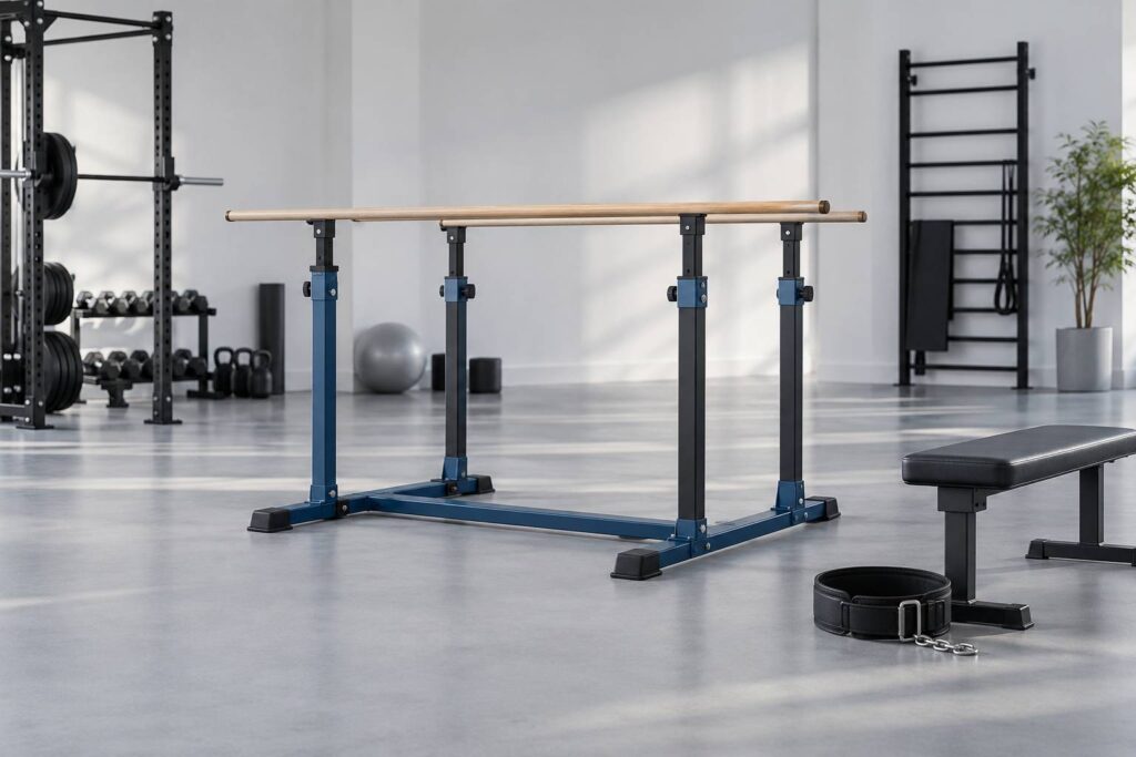 Barres parallèles en bois et métal avec ceinture de lest dans une salle