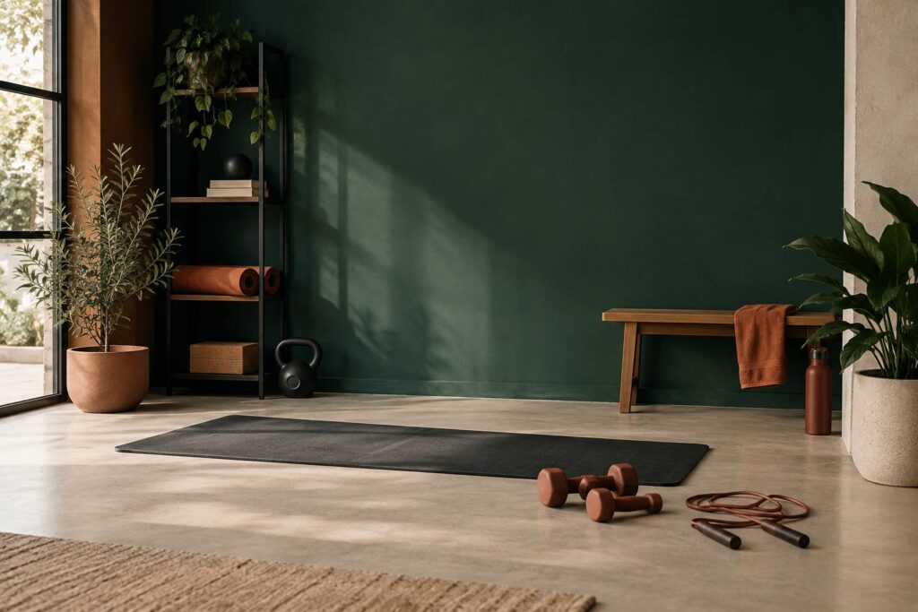 Salle de sport sobre avec tapis, halteres et corde a sauter