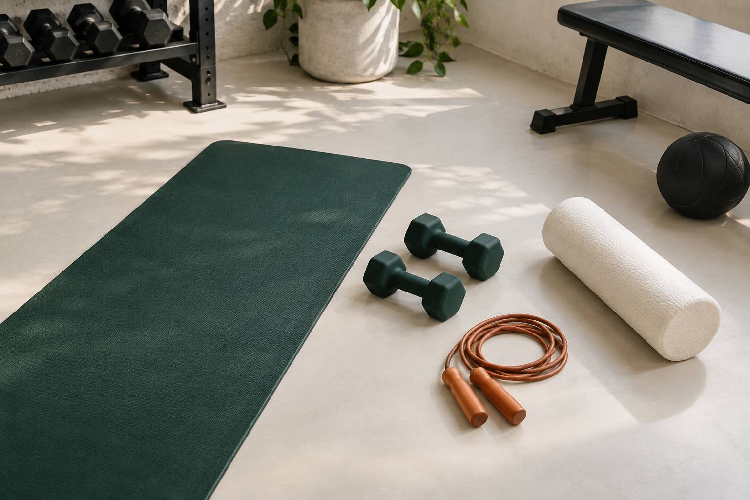 Tapis d'exercice, halteres et corde a sauter dans un coin de salle