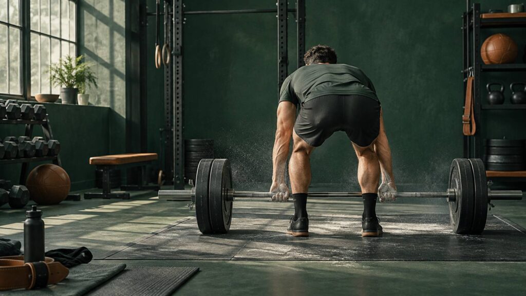 Exercice de flexion de hanches à la barre dans une salle de musculation sobre
