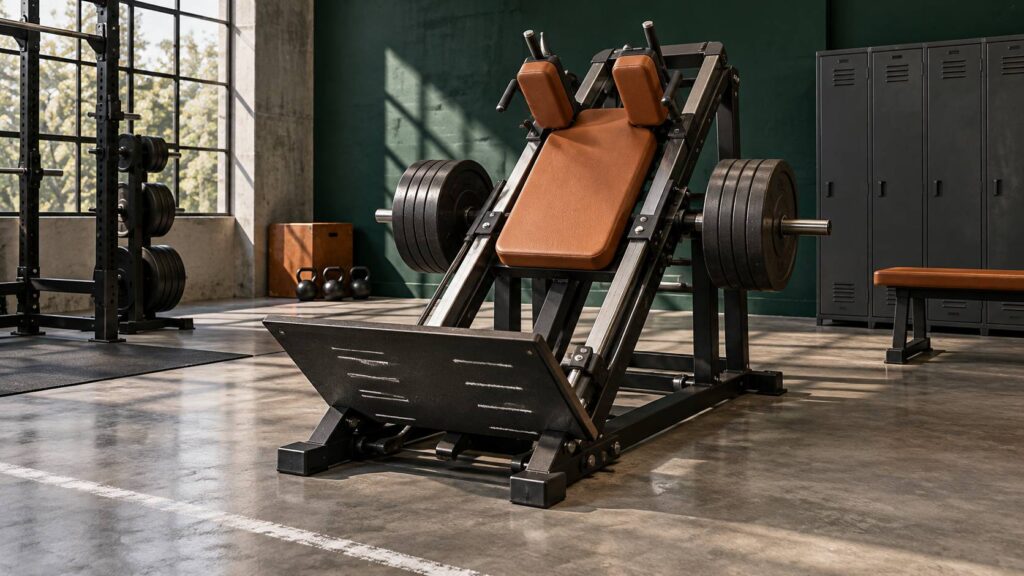 Machine de hack squat à rails inclinés avec plateforme de pieds vide et repères à la craie