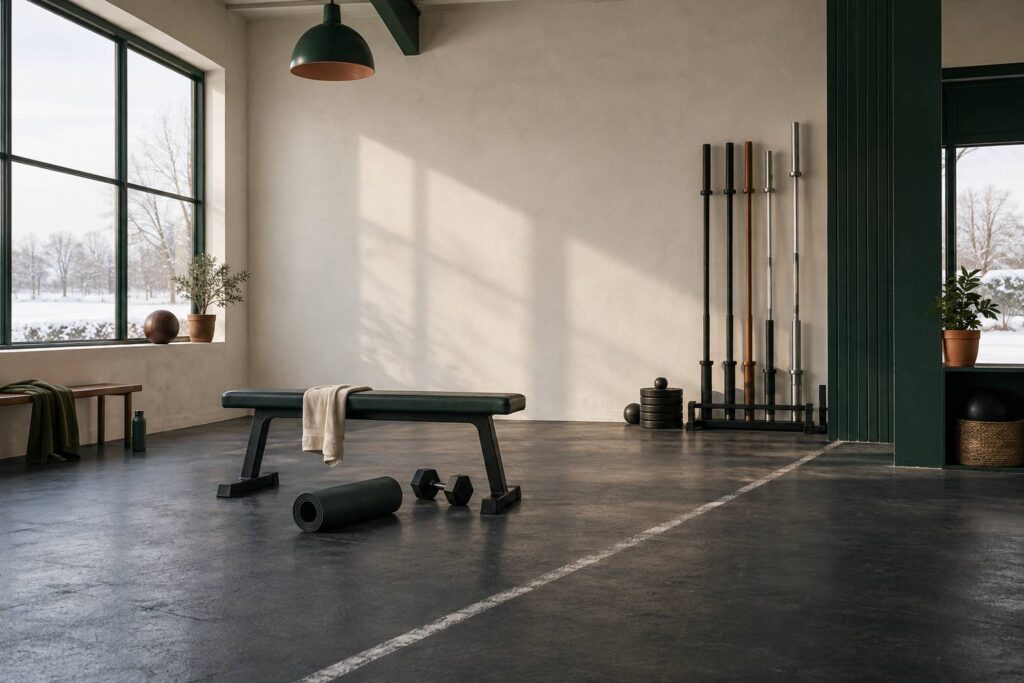 Banc de musculation et haltères dans une salle de sport épurée