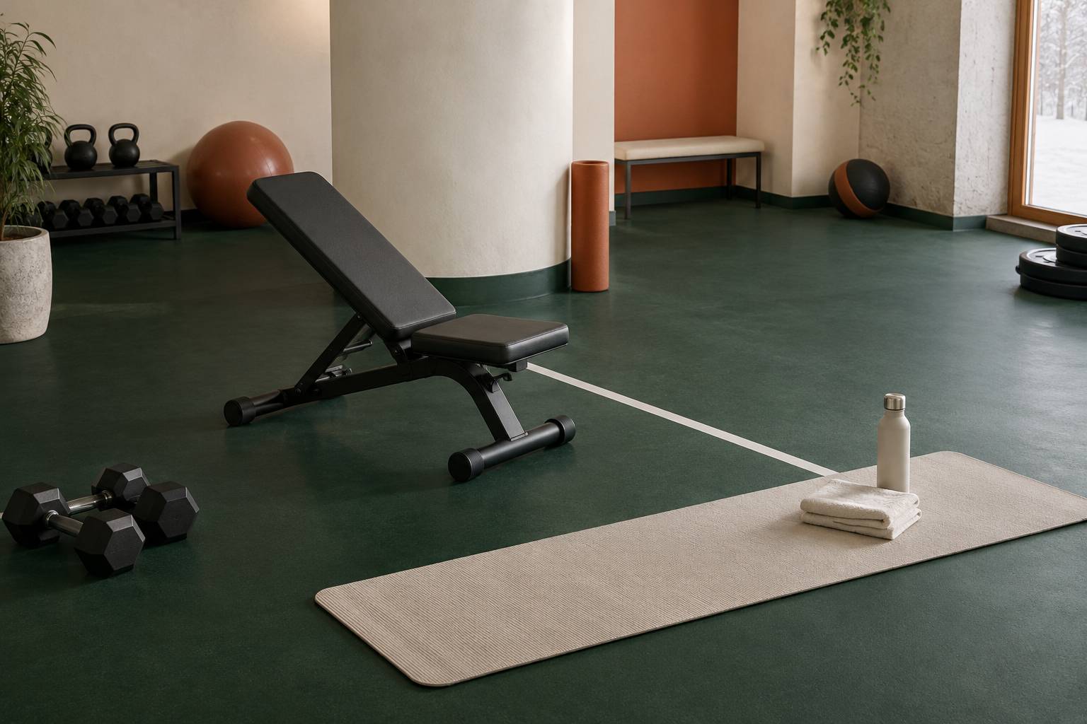 Banc incliné, tapis et bouteille d'eau dans un coin d'entraînement