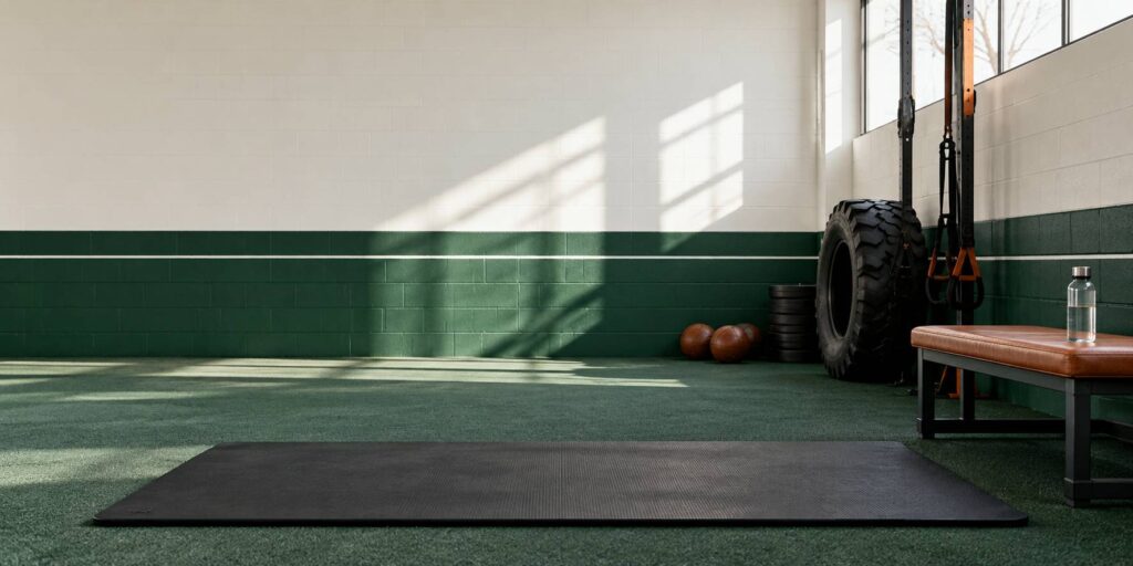 Tapis de sol d'une salle de sport sobre avec banc bas et mur clair pour le gainage